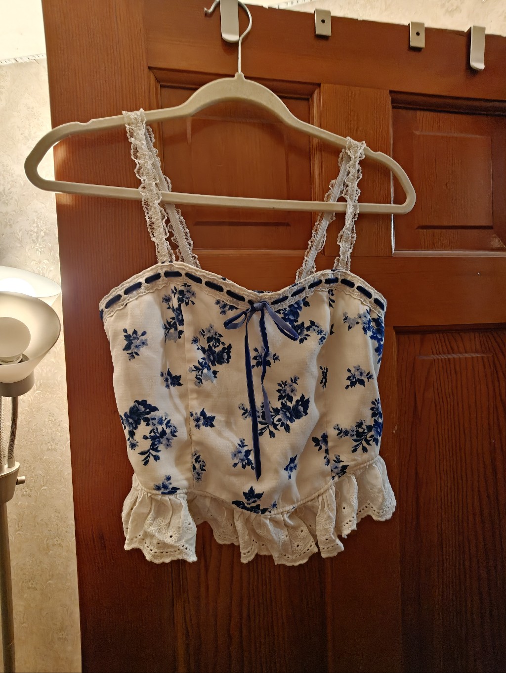 White Floral Lace-Trim Cami Top With Blue Print